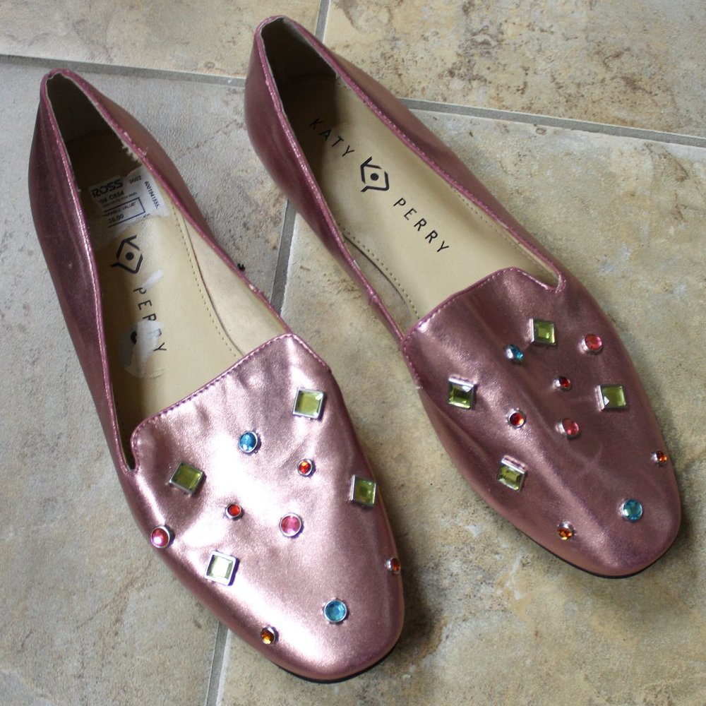 NWOB "KATY PERRY" JEWELED METALLIC PINK FLATS SZ 9.5